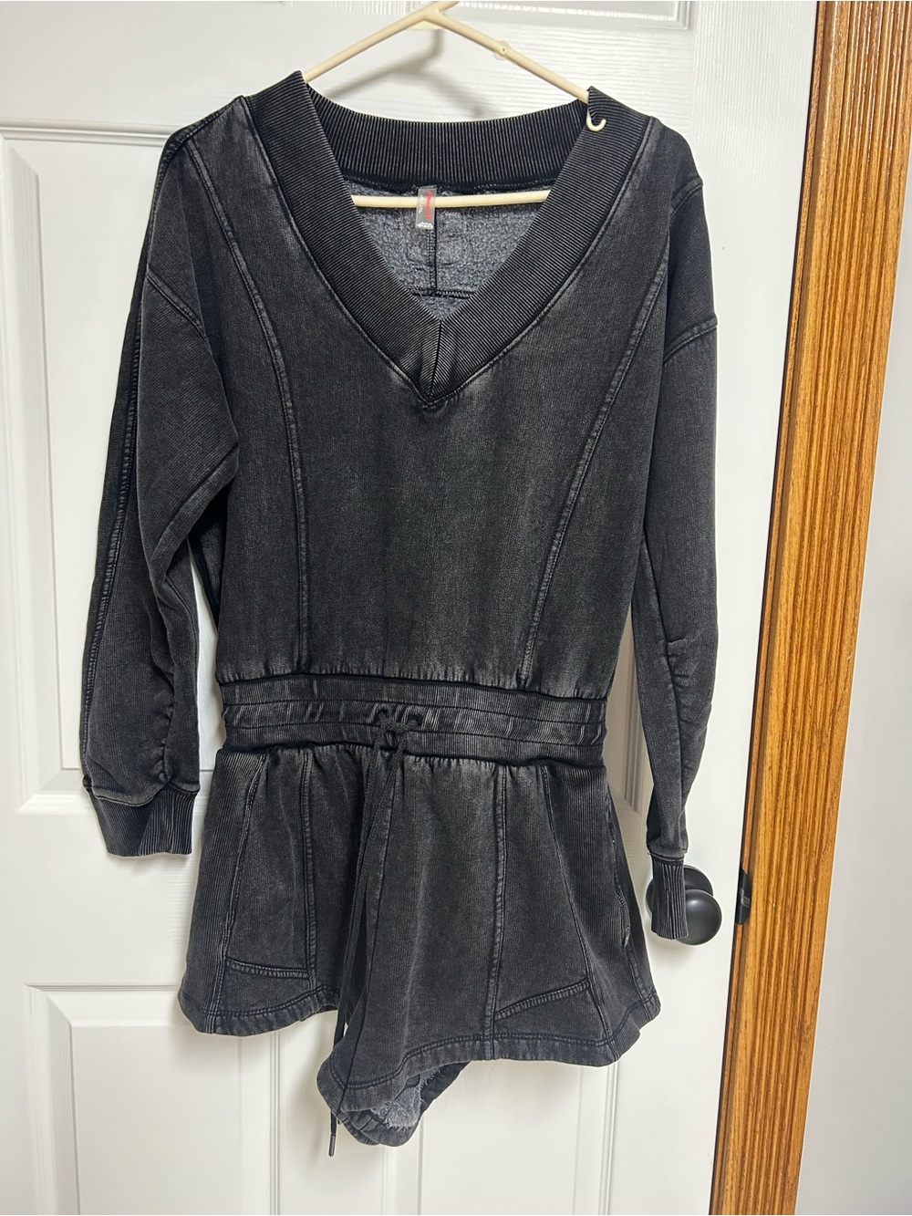 Washed Black V-Neck Free People Movement Sweatshirt Romper with Drawstring Waist